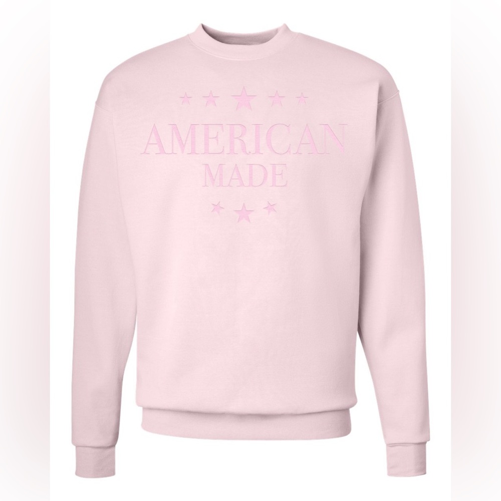 American Made. Pink on pink embroidered crewneck.